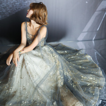 Gray evening dress female 2021 New V collar suspenders dream noble temperament banquet host dress dress long