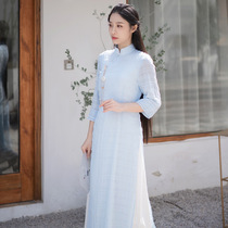 Chinese tea dress female Chinese style Zen literary dress Retro womens stand-up collar girl improved version of Cheongsam