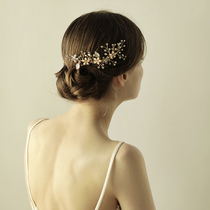 Korean new handmade pearl leaf rhinestone hair comb sweet bride wedding headdress insert comb plate hair styling photo