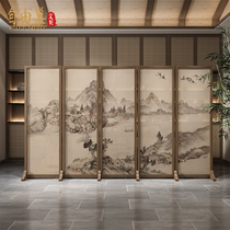 Neoclassical solid wood landscape folding screen partition decoration living room dining room introductory antique Chinese painting fabric folding screen