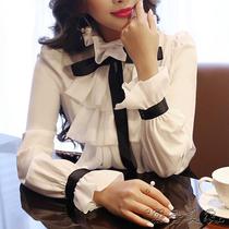White shirt women's long sleeve 2019 autumn new palace retro lace-up flounced chiffon shirt slim slim jacket