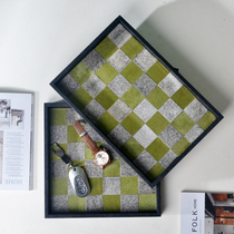 Leather checkerboard tray rectangular light luxury horsehair porch desktop cosmetics water cup key jewelry box storage