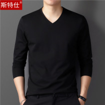 Autumn young and middle-aged mens long-sleeved t-shirt bottoming shirt solid color cotton thin section v-neck loose dad outfit middle-aged top