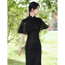 Black modified cheongsam women 2021 new young high-end temperament lace cloak shawl plain retro summer