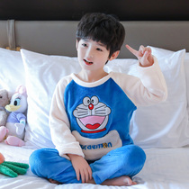 Boys spring and autumn baby winter coral velvet long-sleeved childrens pajamas children jingle cat cartoon flannel suit
