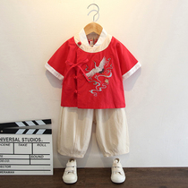 Boy Han uniforms Summer red short sleeves Dress Chinese Wind Childrens Dragon Boat Festival Costume Retro Clothes National School Ancient Clothes