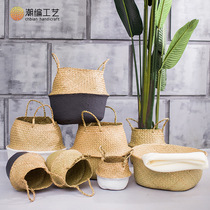 Flower pot flower basket rattan straw weaving hand-held flower arrangement decoration Nordic creative handmade green rose ornaments living room basket