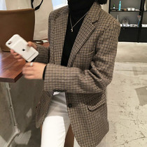 Inlen Wind Suit Jacket Woman 2021 Autumn Winter New Korean version of the Korean version of the Thousand Birds with a slim retro-body wool Western suit