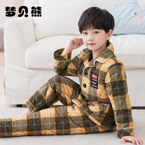 Childrens pajamas boys winter thickened coral fleece flannel three-layer cotton Boy in Winter plus Velvet