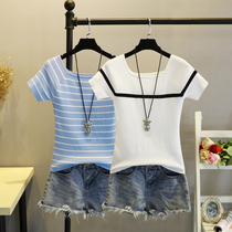 Counter 2021 summer ice silk short-sleeved top womens slim short one-word collar striped thin knitted T-shirt