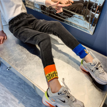 Korean girls jeans autumn and winter plus velvet thickened 2021 new foreign style childrens pants warm casual pants