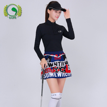 Golf clothing womens set golf clothes womens autumn and winter tops collar long sleeves show temperament printed skirt