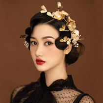 Cute bride Vintage Baroque style golden flower headdress Chinese wedding modeling Metallic texture hair jewelry
