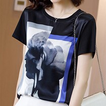 Silk satin T-shirt womens short sleeve print 2021 new summer mulberry silk loose Joker foreign style thin shirt