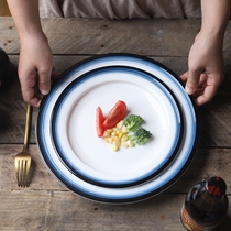 Light soup plate household dish ceramic shallow plate drawing salad plate blue line hipster simple steak Western plate