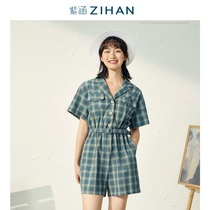 Purple Culvert Summer Dress New V Collar Plaid Shirt Collar Shorts Casual Little Personal Sens 100 Lap Fit Pants One-piece Pants