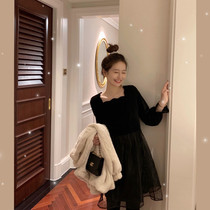 Velvet Dress Women Autumn and Winter 2021 Popular New French Retro Small Fragrant Wind Temperament Small Bottom Skirt