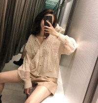 2021 early spring new loose knit small cardigan womens very fairy lace stitching jacket women hollow sunscreen shirt