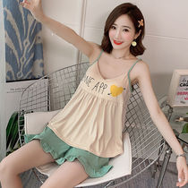 Pajamas with chest pad sling sling womens summer sweet and lovely fresh Korean students sleeveless vest shorts two-piece set