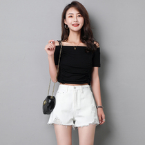 White denim shorts women slim super waist summer new thin 2020 black hole loose wide leg hot pants