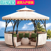 Pastoral rattan leisure pavilion Outdoor villa Garden Gazebo European-style terrace Awning Wooden house Wrought iron woven rattan shed