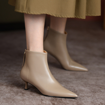 Style Short Boots Woman Spring Autumn Single Boots 2022 New Small Heel Nude Boots Fine With Genuine Leather Temperament 100 Hitch Heel Boots