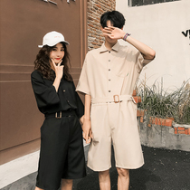 2021 new tooling couple suit one-piece suit short-sleeved port wind mens handsome thin section pop brand shorts one-piece pants