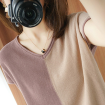 New coloured splicing V-collar short sleeve cotton knitted T-shirt loose thin knitting knitting blouse thin