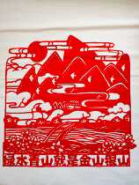 Scenery explosion red environmental protection Green water green mountains are Jinshan Yinshan paper-cut window flower glass handmade mountain trees