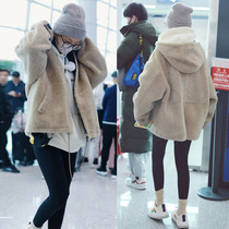 sandro tonali star with lambskin hooded coat granular sheep shearing fur one-piece coat for women