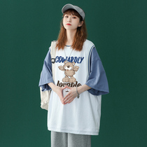 Short sleeve T-shirt female 2021 new summer Harajuku wind fake two bear coat ins tide loose Korean Half sleeve