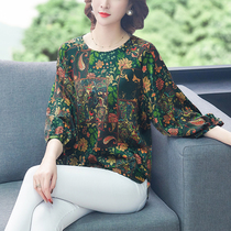 Middle-aged and elderly clothes mother summer Hangzhou New Vintage printed silk T-shirt seven-point sleeve fragrant cloud yarn short top