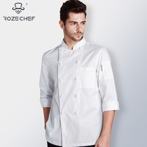 Chef work clothes mens seven-point sleeve white cloth buckle large size chefs clothes Chinese restaurant kitchen clothes long sleeve