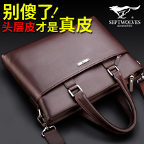 Seven Wolves Genuine Leather Mens Handbag Handbag mens bag headlining Bull Leather Skew Satchel Business Leather Briefcase Briefcase Backpack