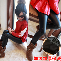 Girls leather pants autumn and winter 2022 new middle and big childrens foreign style tight-fitting plus velvet thickened PU leggings pants for outerwear