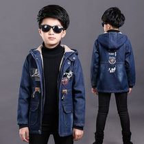 Boy denim windbreaker 2021 New Korean version of children plus velvet thick warm coat in the big children casual autumn tide