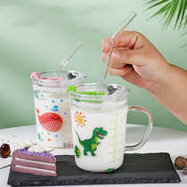 Cartoon animal cold drink glass with scale cup Breakfast cup glass Milk cup Childrens capacity cup