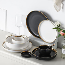 Ceramic gold-edged matte plate household simple Western tableware set vegetable plate Nordic steak plate rice noodle dish spoon