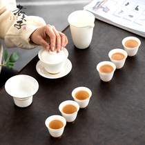 Dehua suet jade thin white porcelain kung fu tea set living room custom covered bowl tea cup and pot gift box