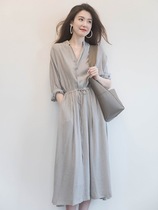 2022 Spring Summers new Korean version of the dress woman with a slim collection of slender waist A character dress with a style V collar shirt dress