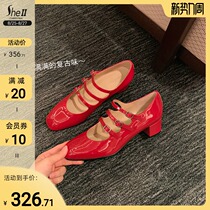  (sheii Su Yinyin)Retro Hepburn style~Leather small square head buckle belt medium thick heel Mary Jane shoes womens single shoes