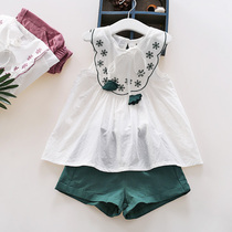 Girl Summer Short Sleeve Suit Korean Version Fashion Two Sets Embroidery CUHK Child Pure Cotton Foreign Air Sleeveless T-shirt Shorts