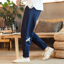 Linen slacks mens loose straight summer thin Chinese style embroidery Guochao Tang suit large size cotton linen trousers