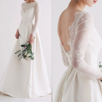 New elegant retro lace long-sleeved one-shoulder simple Qi-ground satin wedding dress Sen outdoor travel light wedding dress