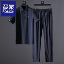 Romon Ice Silk Polo Shirt Man Short Sleeve Summer Speed Dry Two Sets High-end Middle-aged Men Casual Sports Suit