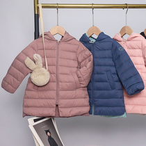 Children mid-length light thin down jacket CUHK girl 90% white duck suede with cap anti-season jacket primary and middle school students
