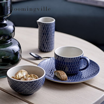  Denmark Bloomingville Dark blue classic geometric pattern tableware Ceramic cups bowls and dishes Nordic imports
