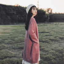 Medium long section Korean version knitted cardio-hoodie womens spring autumn 2022 new lazy wind loose retro big pocket sweater jacket