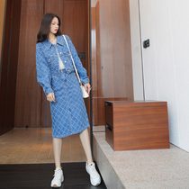 2021 new womens early autumn fashion Net red temperament goddess harbor style retro chic denim two-piece dress