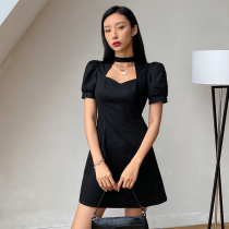 H home European and American style high sense square collar hollow hanging neck small black skirt high waist thin breast type Joker A- line dress dress